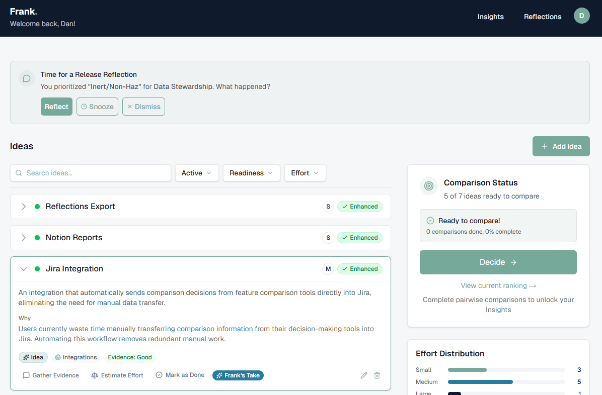 Frank dashboard showing your ideas with comparison status and decision progress
